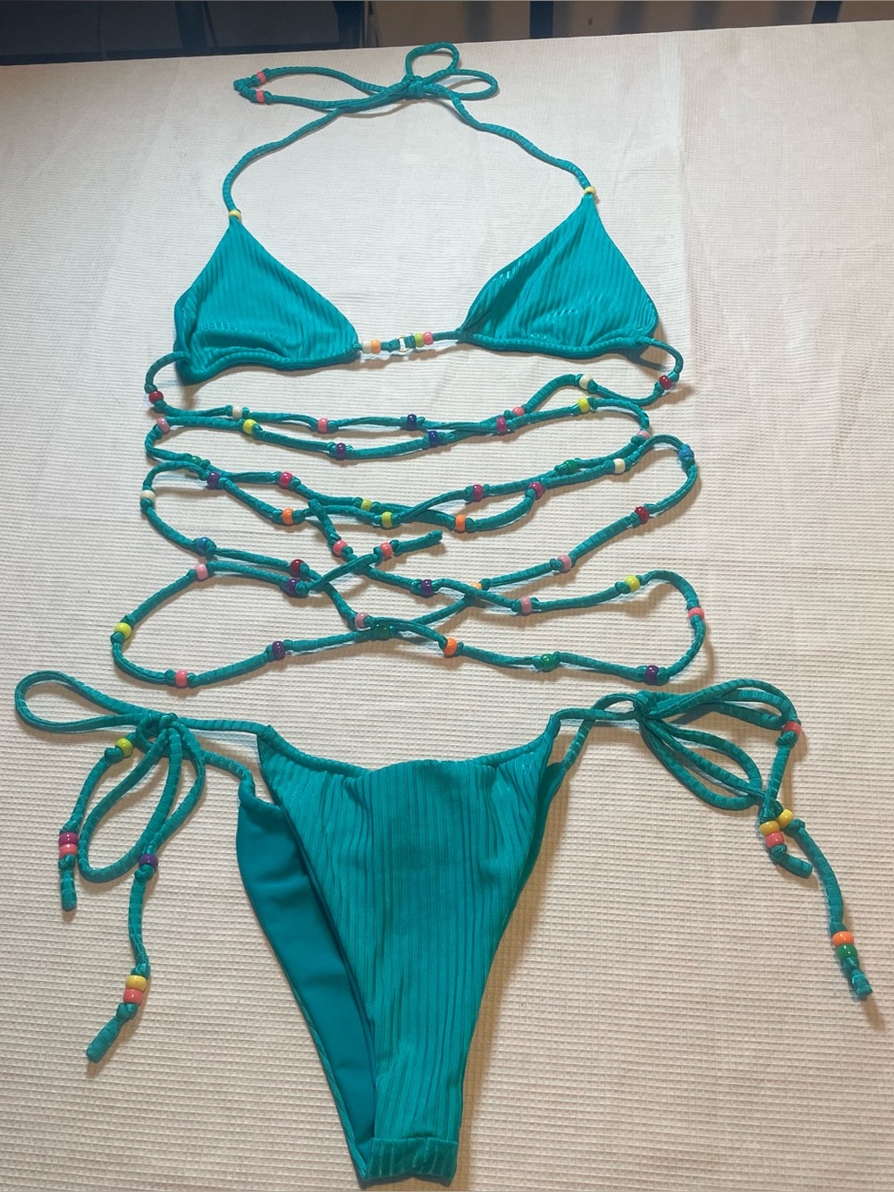 Bain de Minuit Turquoise Beaded Wrap Bikini Set Top M Bottom XS